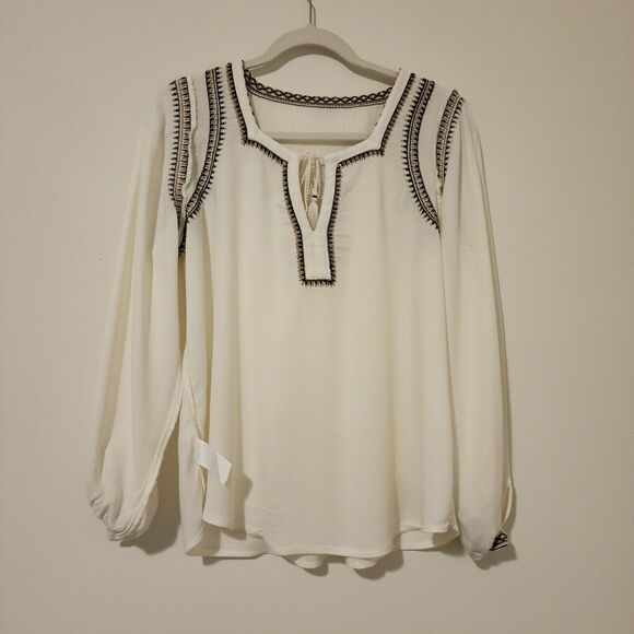 Lucky Brand Womens Embroidered Boho Top XS Ivory Long Sleeve Split Neck 7W44112 - Picture 4 of 10